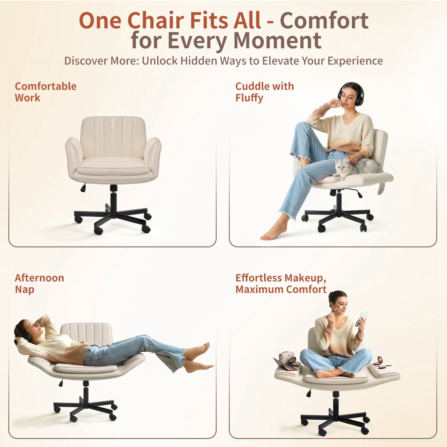 BOSSIN Biege Criss Cross Chair with Armrests & Wheels,Foldable Armrest PU Leather Vanity Chair – Thickened Swivel Office Desk Chair for Home, Makeup Room & Bedroom