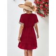 thumbnail image 2 of Women's V Neck Mini Dress with Swiss Dot and Ruffle Neckline Short Sleeves A Line Hem 95% Polyester 5% Spandex, 2 of 12