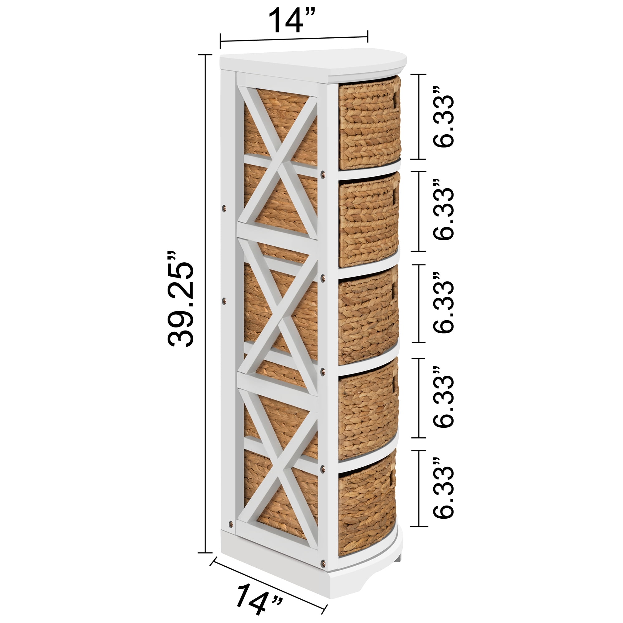 eHemco Hampton Meadows 5 Tier X-Side Corner Storage Cabinet with 5 Wicker Baskets, White