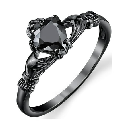 - Black Sterling Silver Irish Claddagh Friendship & Love Ring Heart Ring with Black Cubic Zirconia