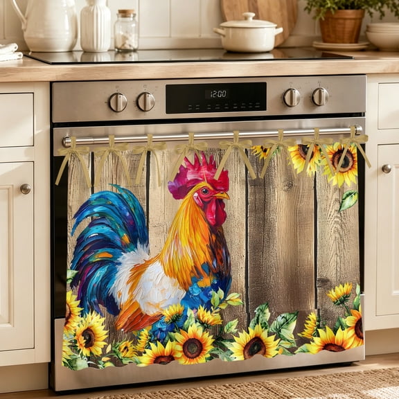 Oven Skirt Curtain for Kitchen 20x27 Inch, Farmhouse Rooster Oven Curtain with 8 Ribbon Ties & Ruffle Trim, Stove Skirt Curtain Dishwasher for Cabinets Sinks Retro Botanical Sunflower Floral Wood