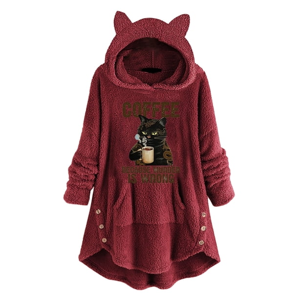 Sudadera con capucha y estampado gráfico de orejas de gato, informal, de manga larga, con bolsillo y capucha, para mujer