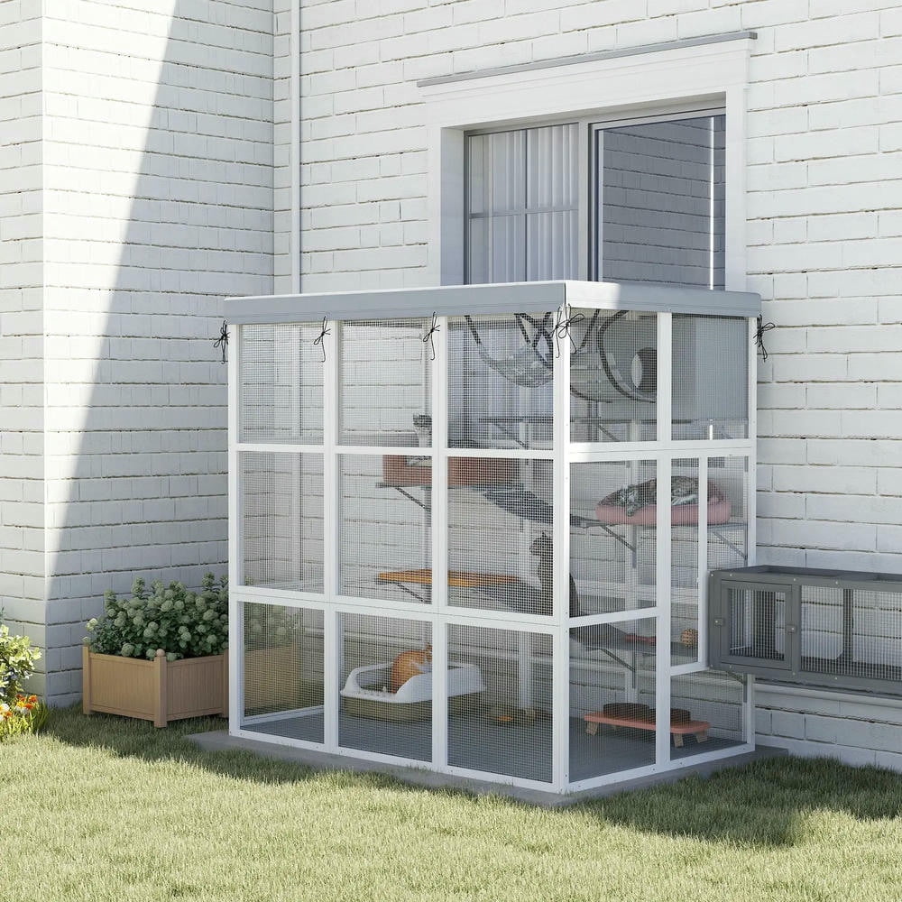 GVN Cat Catio Enclosure, Cat Cage House,Large Outdoor Catio Cat Enclosure with Hammock, Condo, Jump Platforms, Ladders, Ramps, Tarp, Gray