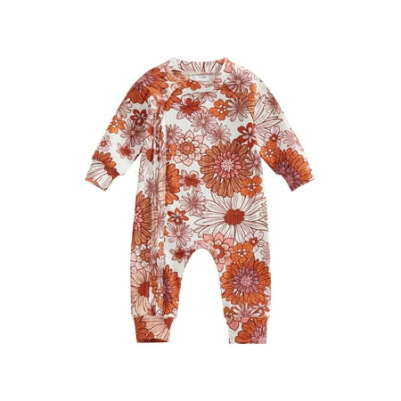 

Amuver Infant Baby Fall Winter Romper Long Sleeve Round Neck Floral Print Zipper Jumpsuit