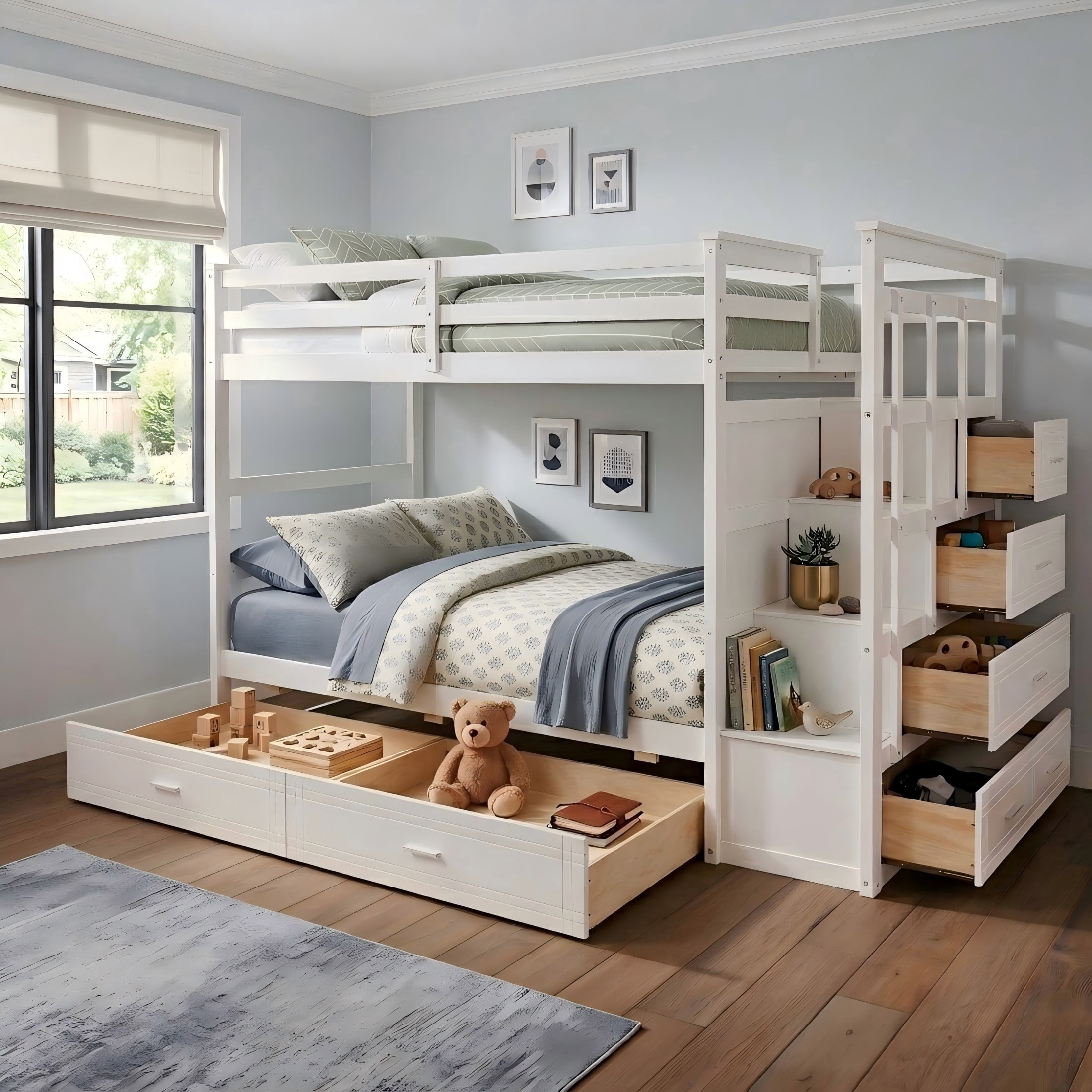 Aukfa Twin over Twin Bunk Bed with 7 Storage Drawers, Wood Bunk Bed with Staircase, Space Saving Design for Kids Bedroom, White