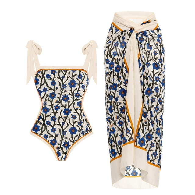 Maillot de Bain une Pièce pour Femmes avec Jupe de Plage, Paréo, Imprimé Floral Rétro, Ensemble Bikini Deux Pièces