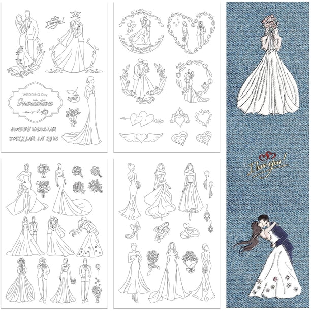 Patrones de bordado solubles en agua para principiantes, 4 hojas con 49 piezas, patrones de boda, novios y novias, estabilizador de patrones de bordado lavables para bodas.