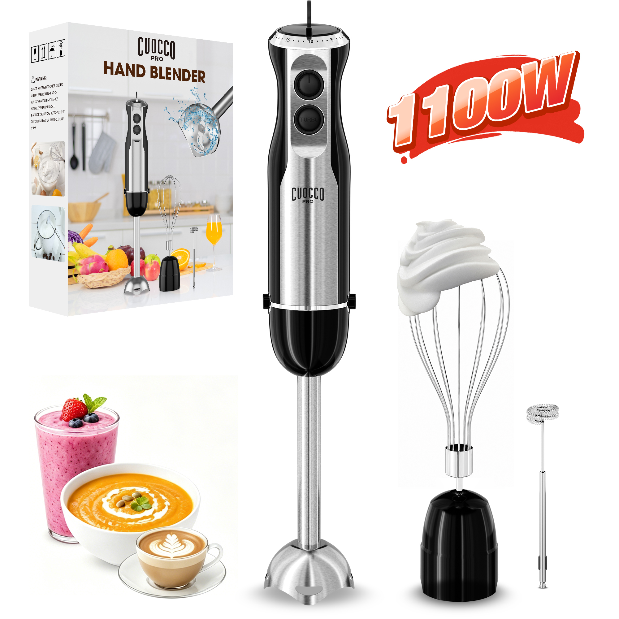 Immersion Blender, 1100W Immersion Blender Handheld with 21 Speeds & Turbo Boost – 3-in-1 Hand Blender for Purees, Baby Food, Milkshakes, Soups & Smoothies