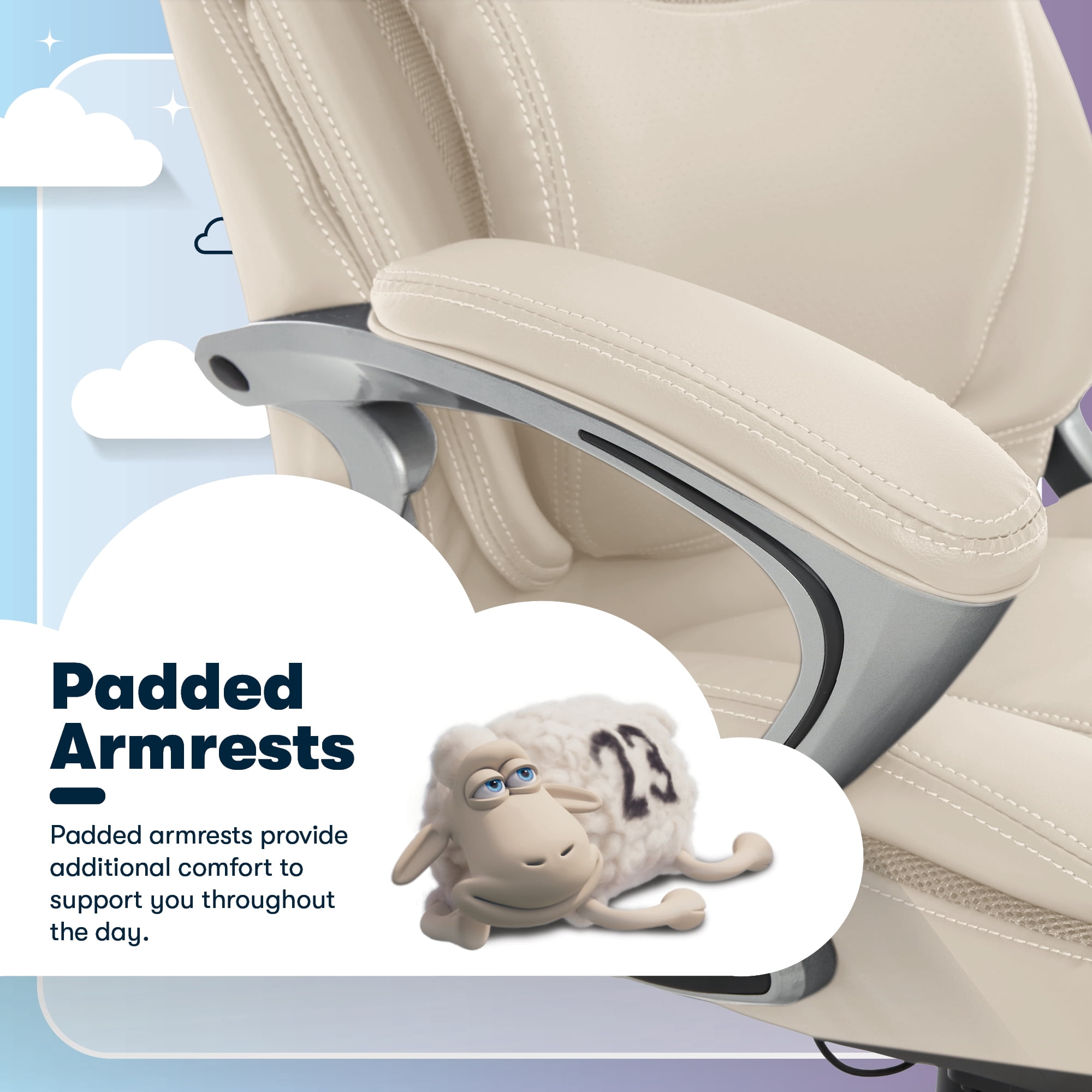 Serta Bryce Executive Office Chair, Ergonomic Computer Desk Chair with Patented AIR Lumbar Technology, Adjustable Height, Memory Foam Body Pillows, 360° Swivel Rolling Base, Bonded Leather, Cream