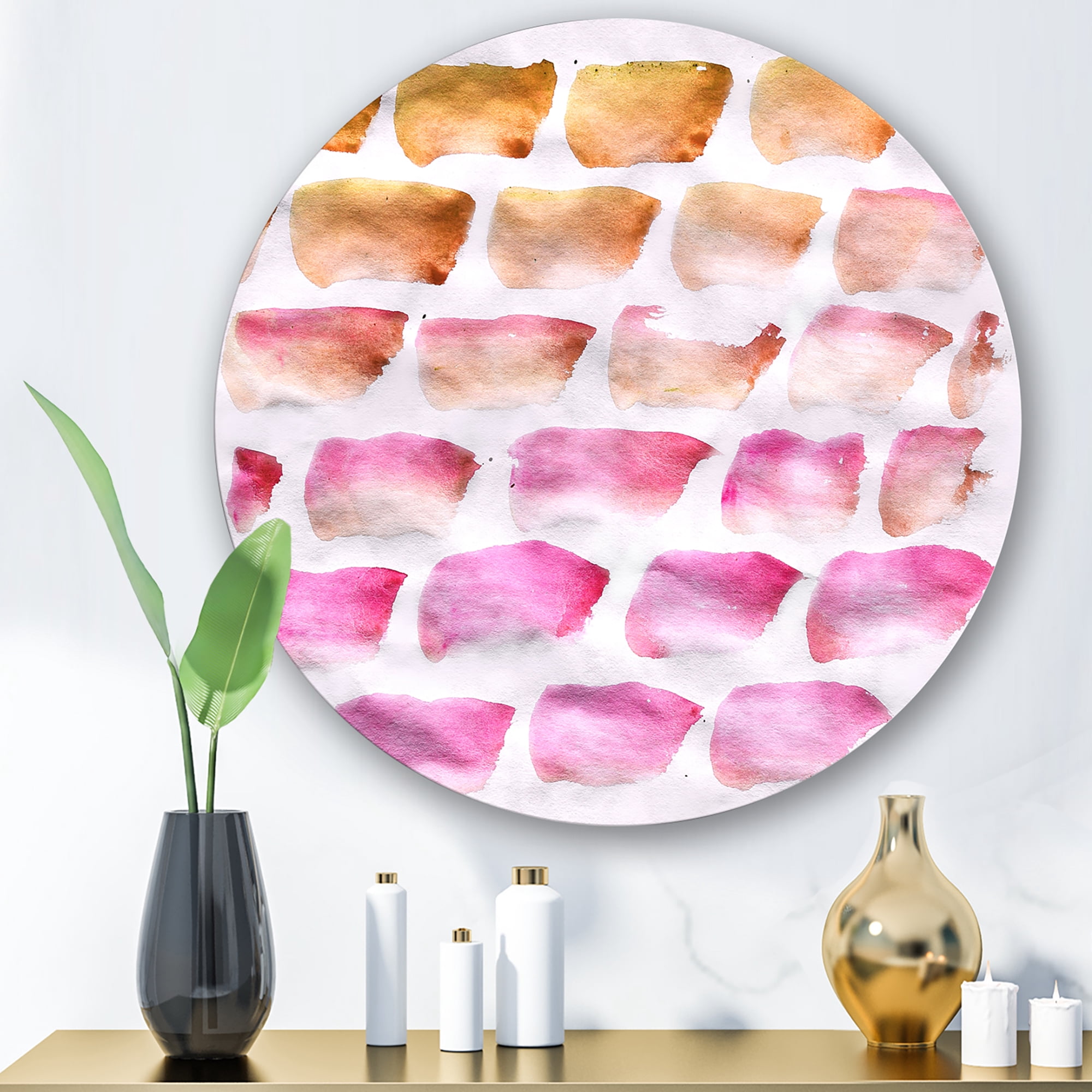 Designart 'Dark Yellow and Pink Abstracts Brushes' Modern Circle Metal Wall Art 23x23 - Disc of 23