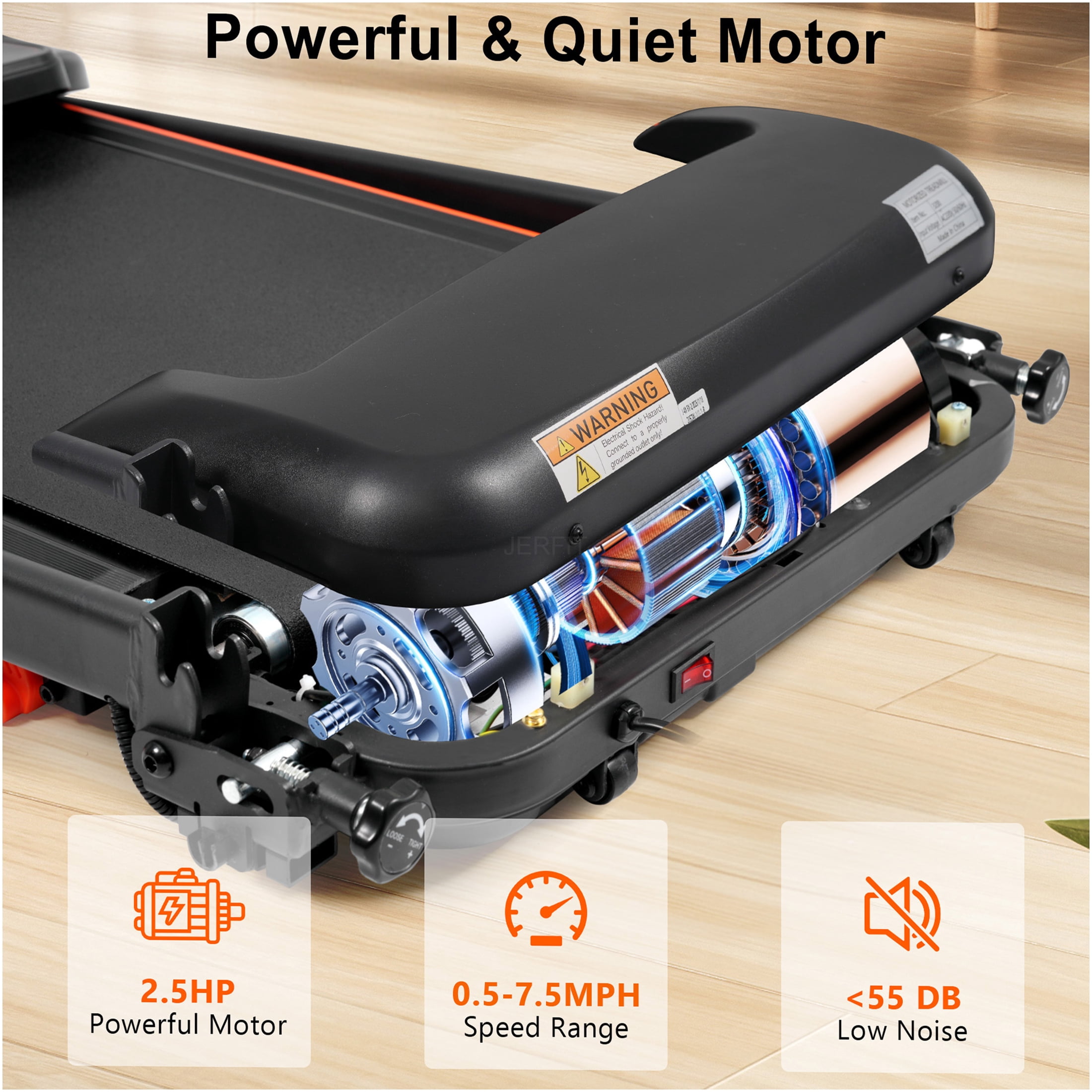 JERFIT Foldable Treadmill for Home, 2.5HP Powerful Motor, 7.5MPH Max Speed with Incline, 300lbs Capacity, Bluetooth Speaker, Heart Rate Monitor, USB Charging, Quiet Running Machine for Cardio