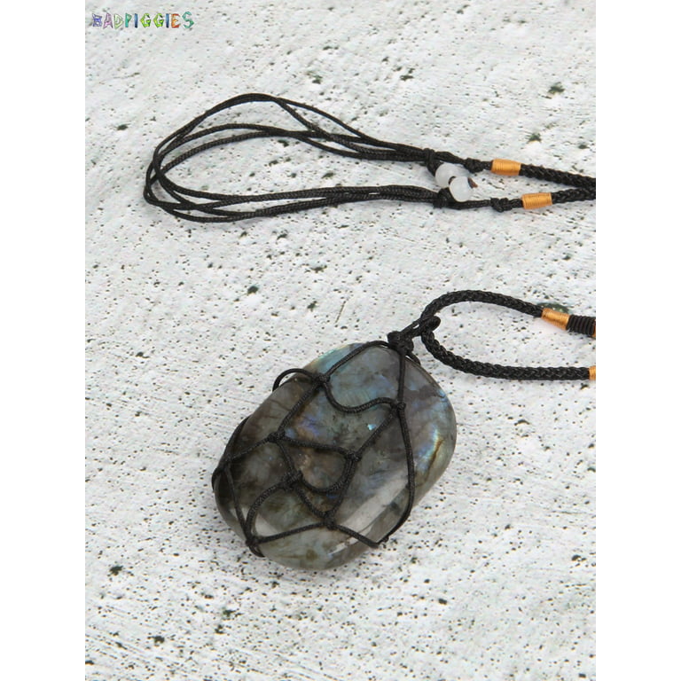 BadPiggies Natural Labradorite Stone Pendant Crystal Necklace for Unisex,  Handmade Net Wrapped Irregular Jewelry for Healing (Large)