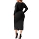thumbnail image 3 of Agnes Orinda Women's Plus Size Long Sleeve Crew Neck Side Slit Ruched Bodycon Midi Dresses Black 1X, 3 of 6