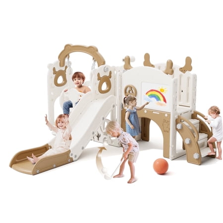 KORIMEFA Toddler Slide Set Kids Slide with Swing Outdoor Indoor Playground for Toddlers 1-4 Toddler Climber Slides PlaySet with Basketball Hoop and Ball Tunnel and Storage Space Coffee