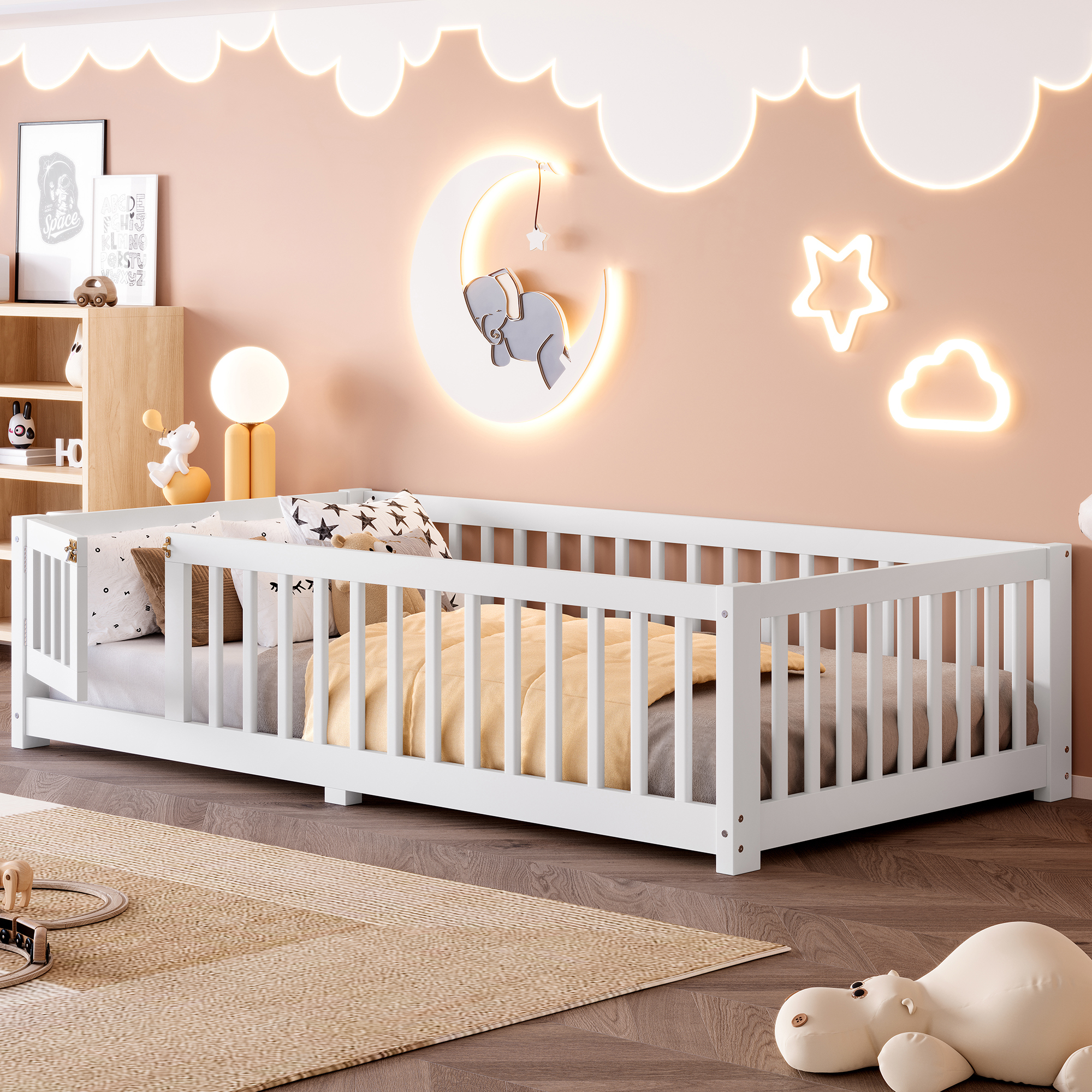 Jopath Twin Size Floor Bed Frame,Montessori Bed with Guardrails and Door,with Slatted Base,for Kids,Boys,Girls,White