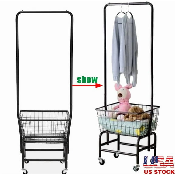 Rolling Laundry Butler Laundry Cart with 4 Wheels & Hanging Rack Bathroom