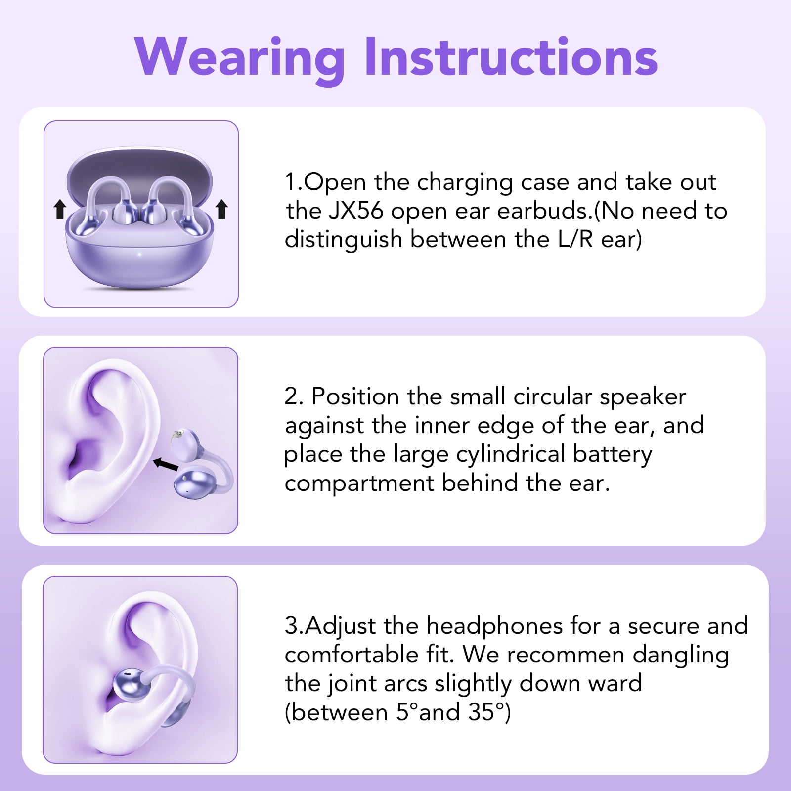 Open Ear Earbuds, Bluetooth Headphones 6.0, Lightweight Comfort Open Ear Clip Wireless Earbuds, 50H Playtime, ENC Clear Calls, Deep Bass, IPX7 Waterproof, Design Fit Running/Workout(Purple)