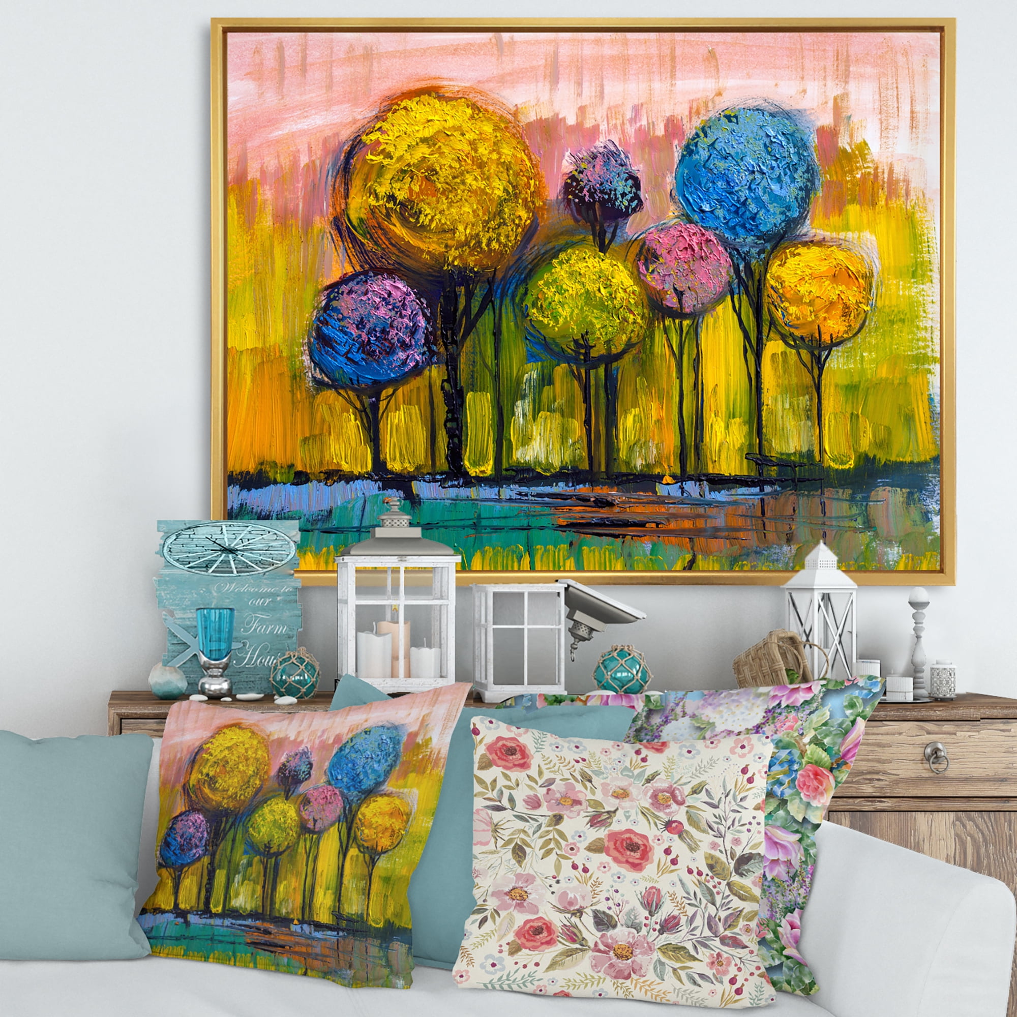 Designart 'Colourful Landscape Trees Impressionist IV' Modern Framed Canvas Wall Art Print