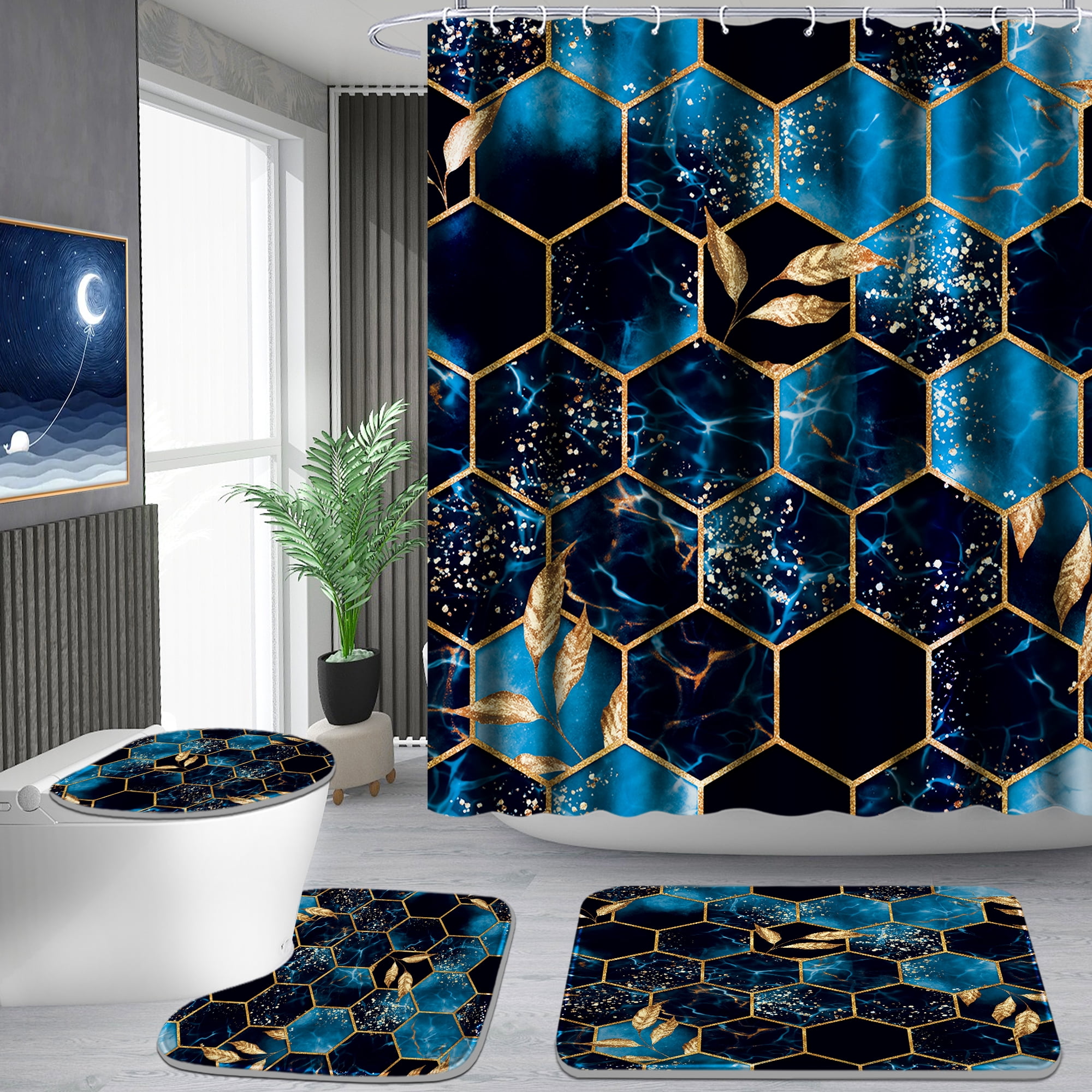Poedist 4Pcs Marble Bathroom Sets with Shower Curtain and Rugs, Marble Shower Curtain Set with Non-Slip Rugs,Toilet Lid Cover,Bath Mat and 12 Hooks,71 x 71 Inch, SKY Blue Honeycomb Marble