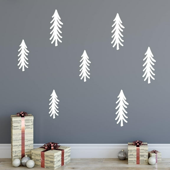 Decalcomania Elegant White Pine Tree Wall Decals - Set of 16 8" Woodland Forest Wall Stickers Winter Christmas Decorations Removable Peel and Stick Indoor Decor