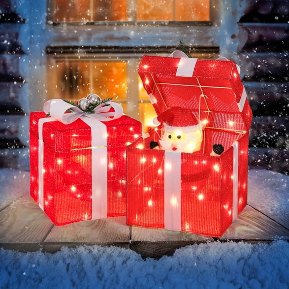 Zimtown LED Christmas Ornament Decor,Lighted Outdoor Holiday Gift Box,Opens and Closes Automatically for Indoor Outdoor Holiday,Red