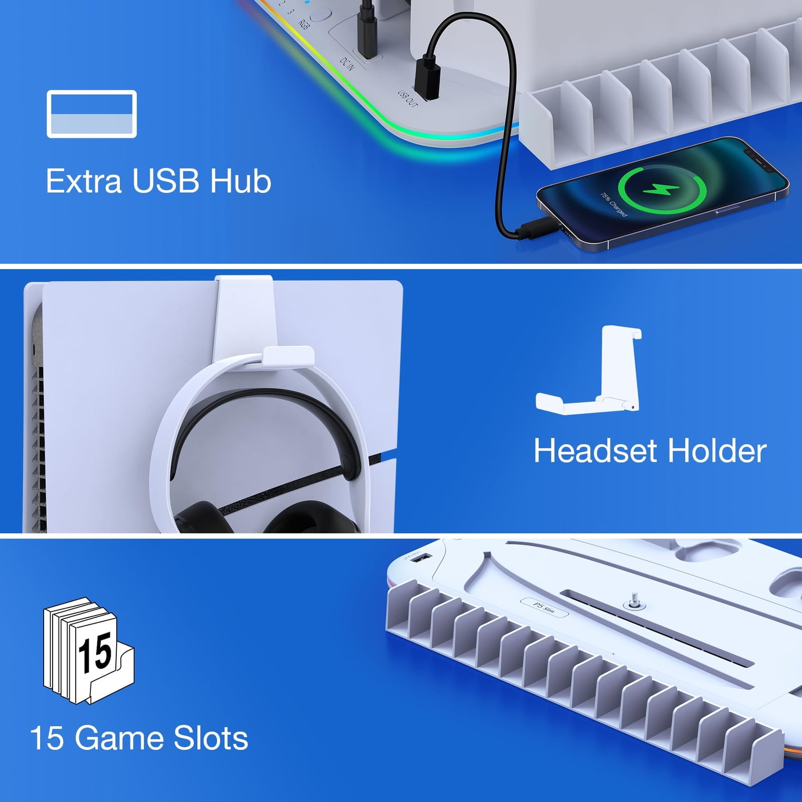 PS5 Stand and Cooling Station with Controller Charging Station for P5 Slim, PS5 Accessories Incl. 3 Levels Cooling Fan, 15 Game Storage, Headset Holder for Playsation 5 Digital/Disc, White
