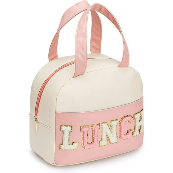 Lunch Bag for Women Insulated For Men PU leather Small Office Work lunch with Chenille Letters Leakproof Freezable Cooler Reusable Portable Box (White&Pink)