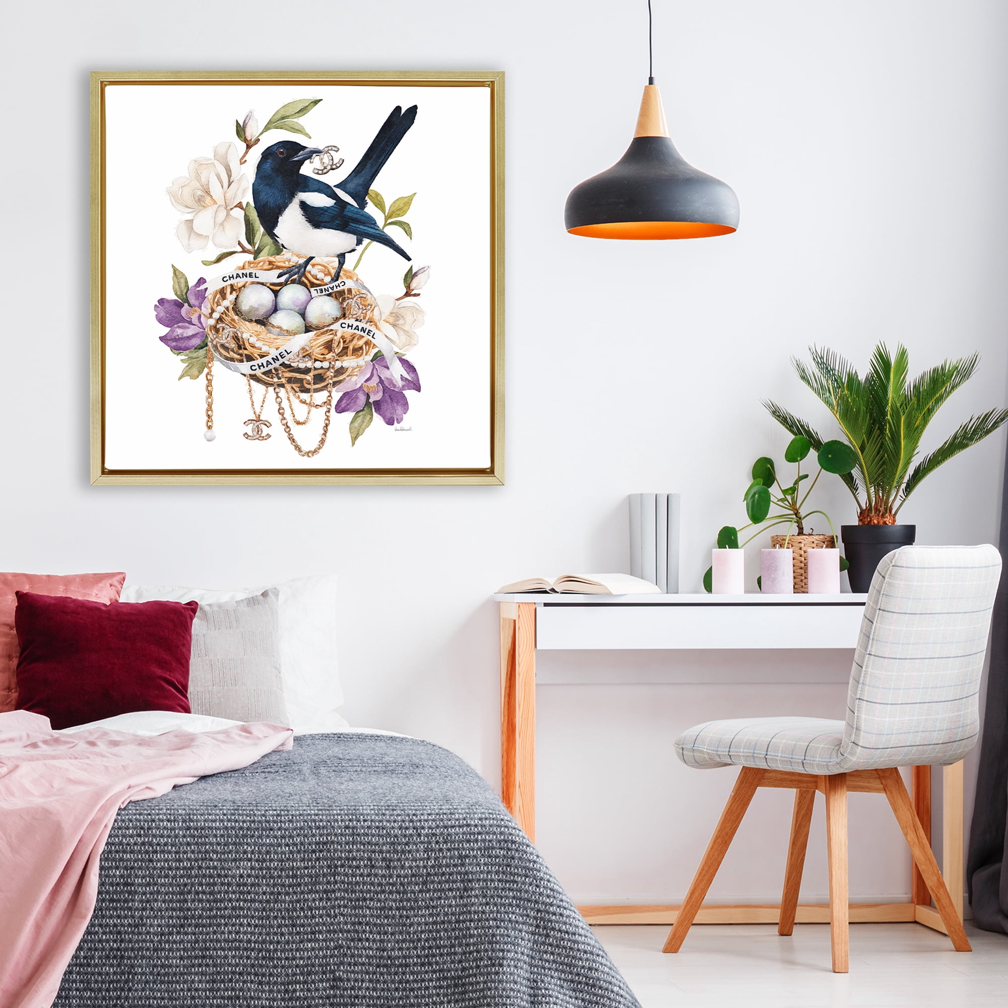 Stupell Industries Glam Birds Nest Magnolia Gold Framed Floater Canvas Wall Art, design by Amanda Greenwood
