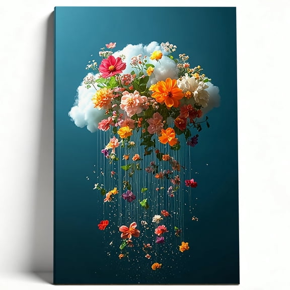 Whimsical Floral Rain Canvas Wall Art, Surreal Flower Cloud Print, Framed Colorful Botanical Decor for Living Room & Bedroom, Modern Aesthetic Wall Art 8*12inch(20*30cm)