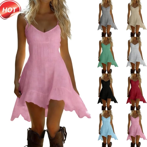 Taqqpue Women Summer Sleeveless Dresses Casual Solid Color V-Neck Spaghetti Strap Sundresses Loose Tank Dress Flowy Swing Vacation Beach T Shirt Dresses for Women