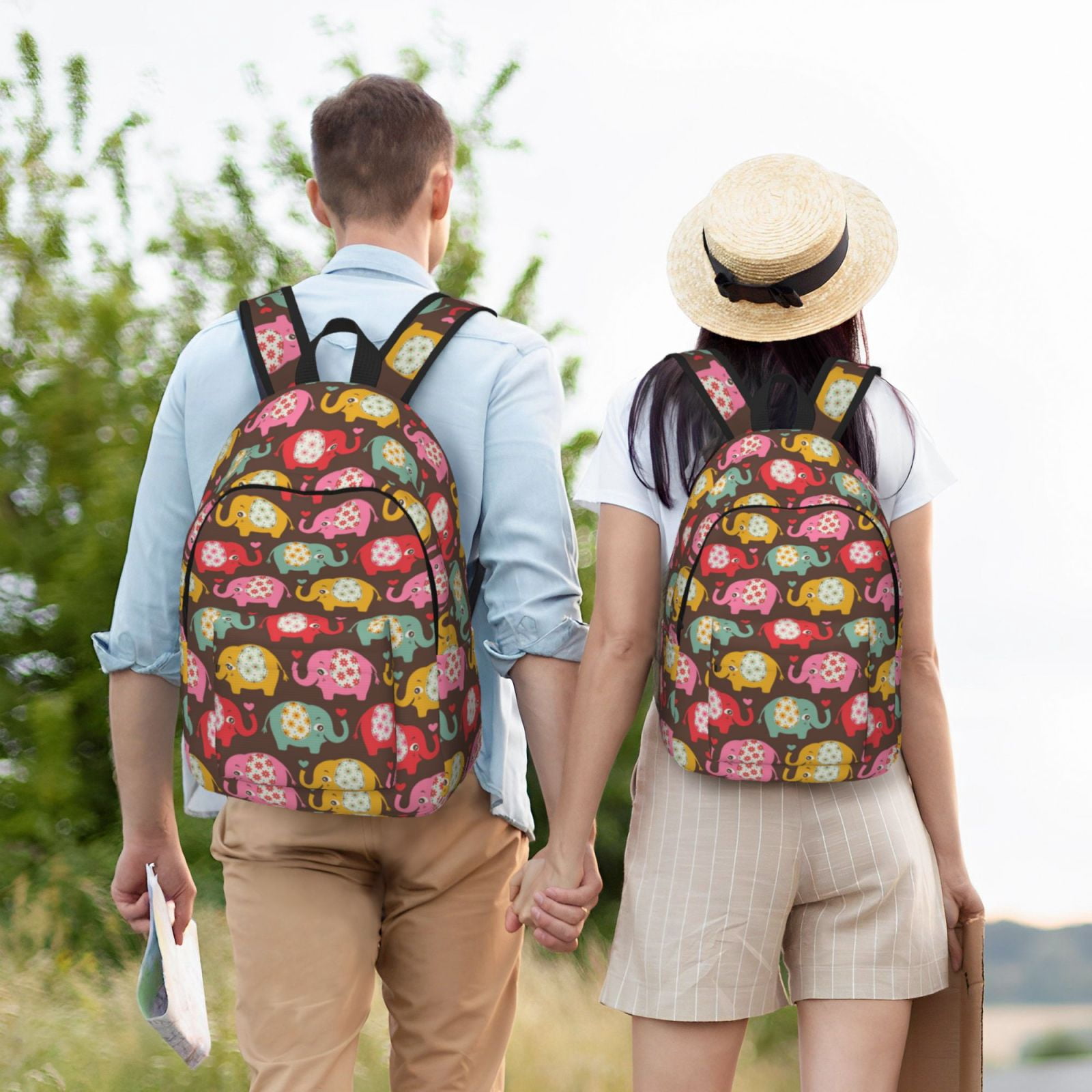 Ratiio Cute Elephants Print Canvas Backpack for Women & Men Retro Aesthetic Rucksack Basic Backpack for High School/College Students Travel Laptop Bag