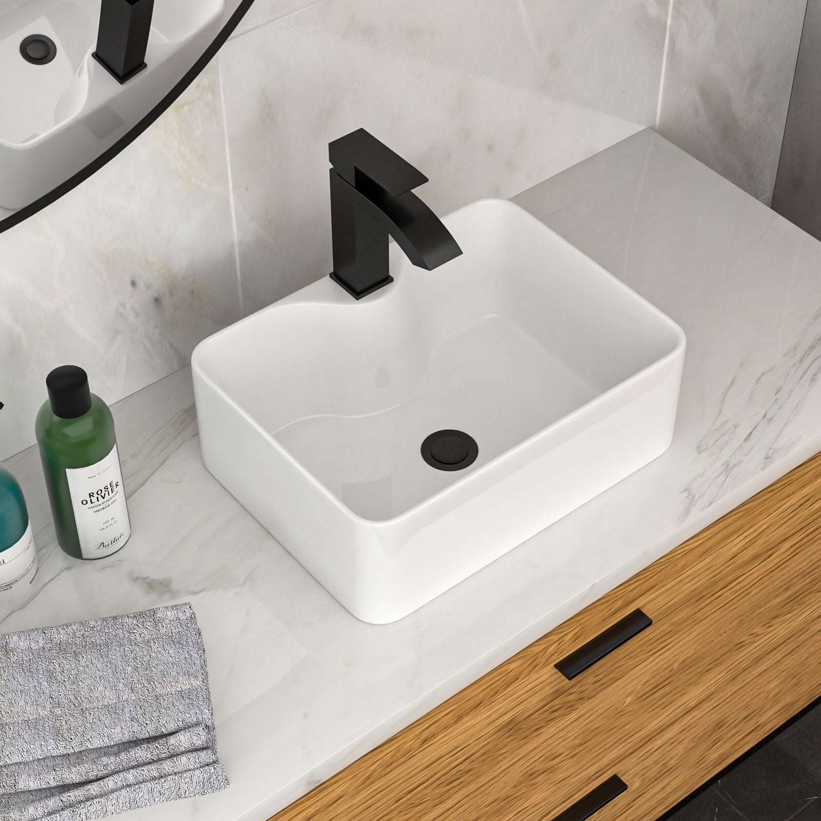 Modern Bathroom Vanity 16"x12" White Ceramic Rectangular Vessel Bathroom Sink with Black Faucet & Black Drain,Wooden Bathroom Vanity