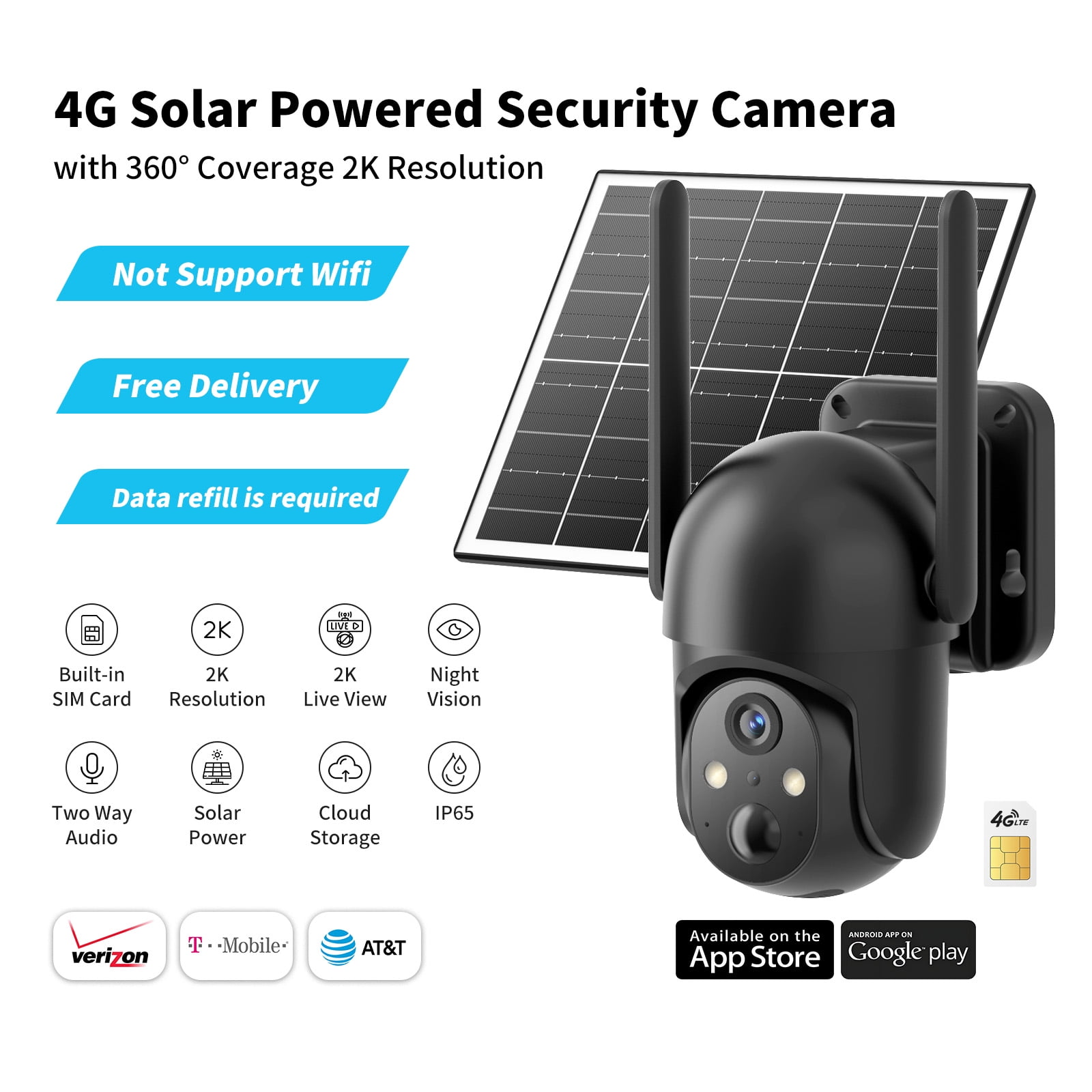 Conico 4G LTE Solar Cellular Security Camera, Black, 2K PTZ Wireless Outdoor Camera with Full-Color Night Vision, AI Human Detection, No WiFi Needed