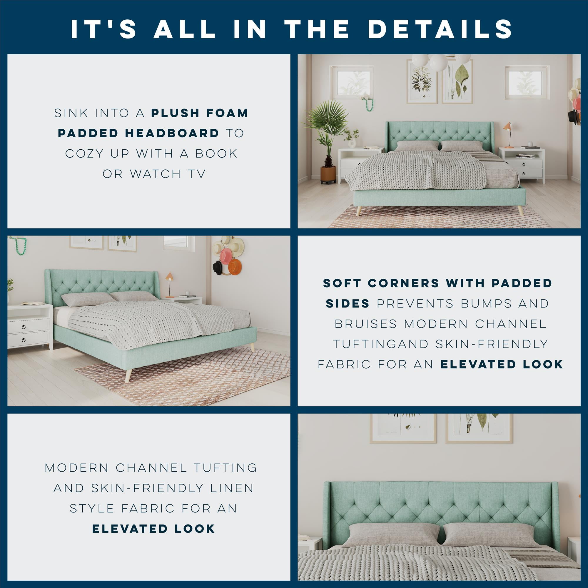 Novogratz Her Majesty Tufted Upholstered Bed Frame, King, Light Green Linen