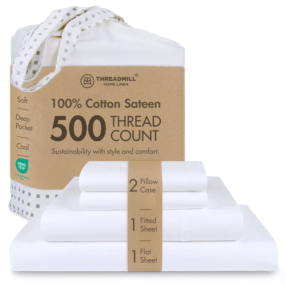 Threadmill - White King Sheets Set, Soft 100% Cotton Cooling Sheets Deep Pockets Snug Fit Elastic, 500 Thread Count, 4-Pc Bedsheet Set, Beats Egyptia