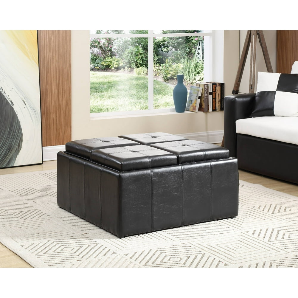 Hodedah Faux Leather, Storage Ottoman with 4Flip over Serving Trays
