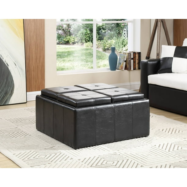 Hodedah Faux Leather, Storage Ottoman with 4Flip over Serving Trays