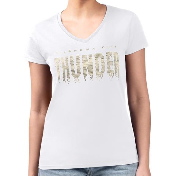 Women's G-III 4Her by Carl Banks White Oklahoma City Thunder Super-Slim-Fit Metallic Drop Lightweight V-Neck T-Shirt