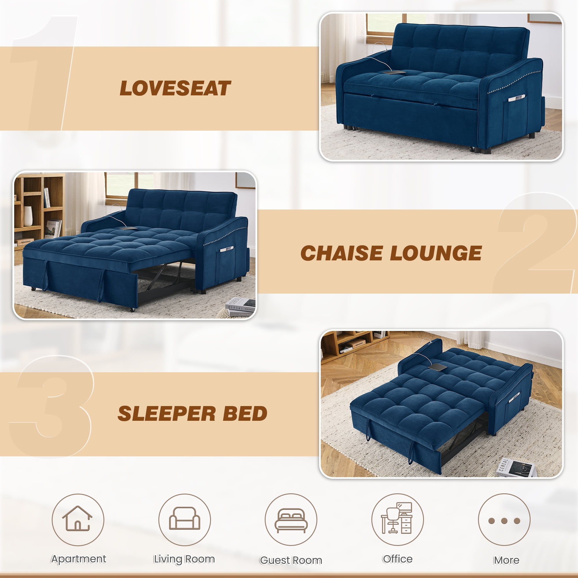 Lunale Pull Out Sofa Bed, Loveseat Sleeper with USB/Type-C, Adjust Back, Convertible Sleeper Sofa for Living Room/Apartment, Blue Velvet