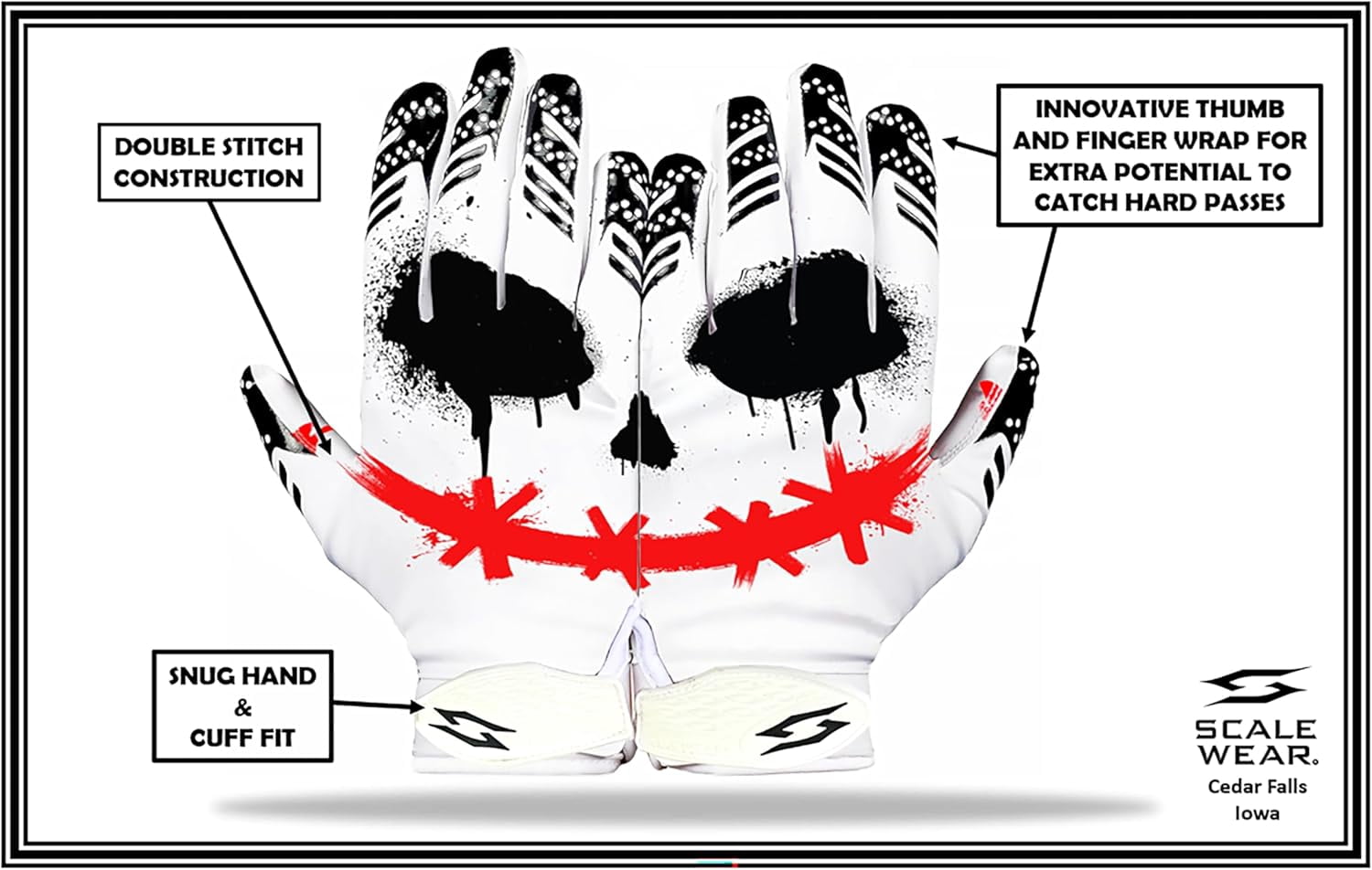 Joker Football Receiver Gloves Jester Sticky Tacky Elite Pro Grip Super Sports Palms Performance Boost Your Game Skin Tight Kids Boys Sizes Youth Adult Men Wide Villain Battle USA (Adult Medium)