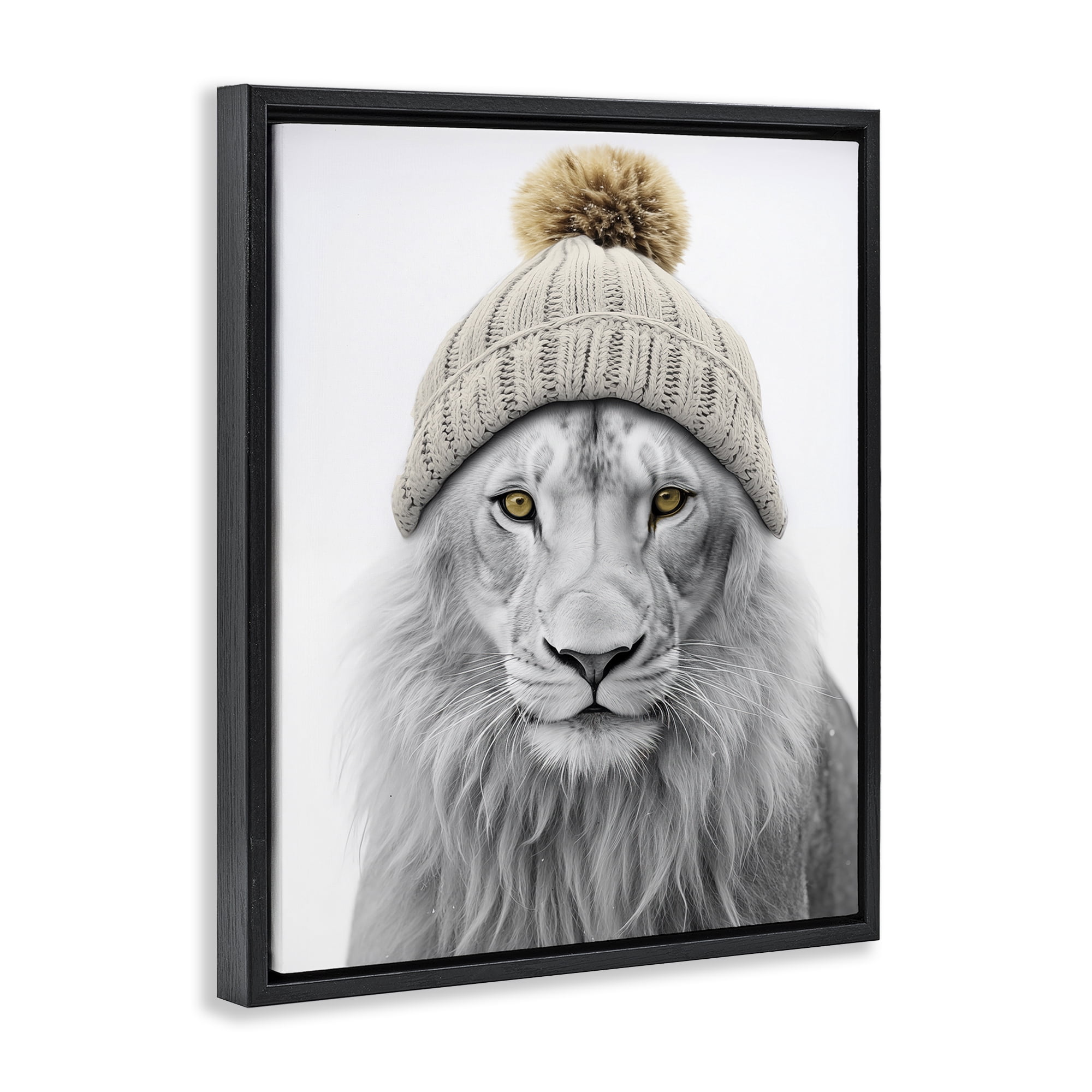 Stupell Industries Lion in Winter Hat Animals & Insects Painting Black Floater Framed Canvas Art Print Wall Art, 25 x 31