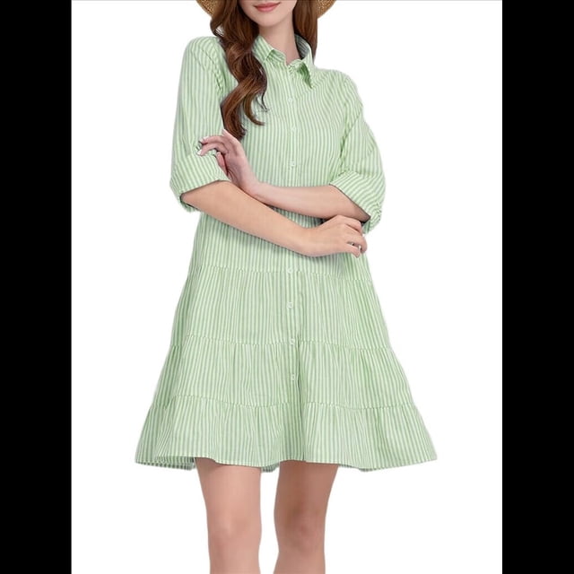 Vestido Camisero Midi A Rayas con Botones para Mujer, Informal, Holgado, con Puños y Larga, Vestidos de Media Pierna. Verde L