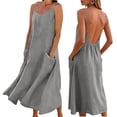 thumbnail image 6 of Women's Linen Dresses Solid Color Summer Beach Vacation Plus Size Sleeveless Flowy Loose Maxi Sundress Boat Neck Button Down Breathable Gauze Dress, 6 of 7