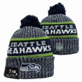 thumbnail image 1 of Seattle Seahawks Navy, Grey & Green Textured Knit Unisex Pom-Pom Beanie with Bold 'SEATTLE SEAHAWKS' Lettering & Hawk Head Team Logo Accents, Adjustable for All Enthusiasts, 1 of 87