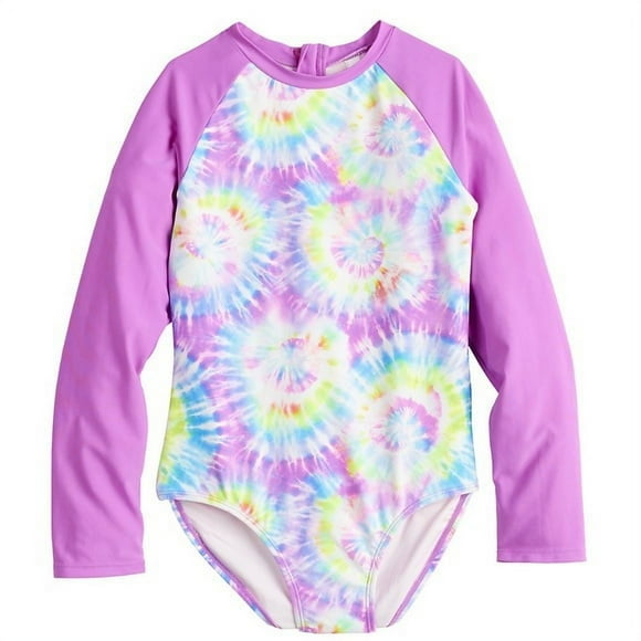 Girls 4-16 SO Island Dayz One-Piece Swimsuit Rashguard Purple Tie Dye UPF 50+ 4/5
