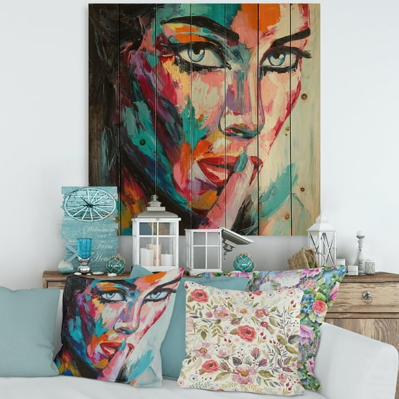 Designart 'Abstract Portrait Of A Young Woman With Blue Eyes II' Modern Print on Natural Pine Wood