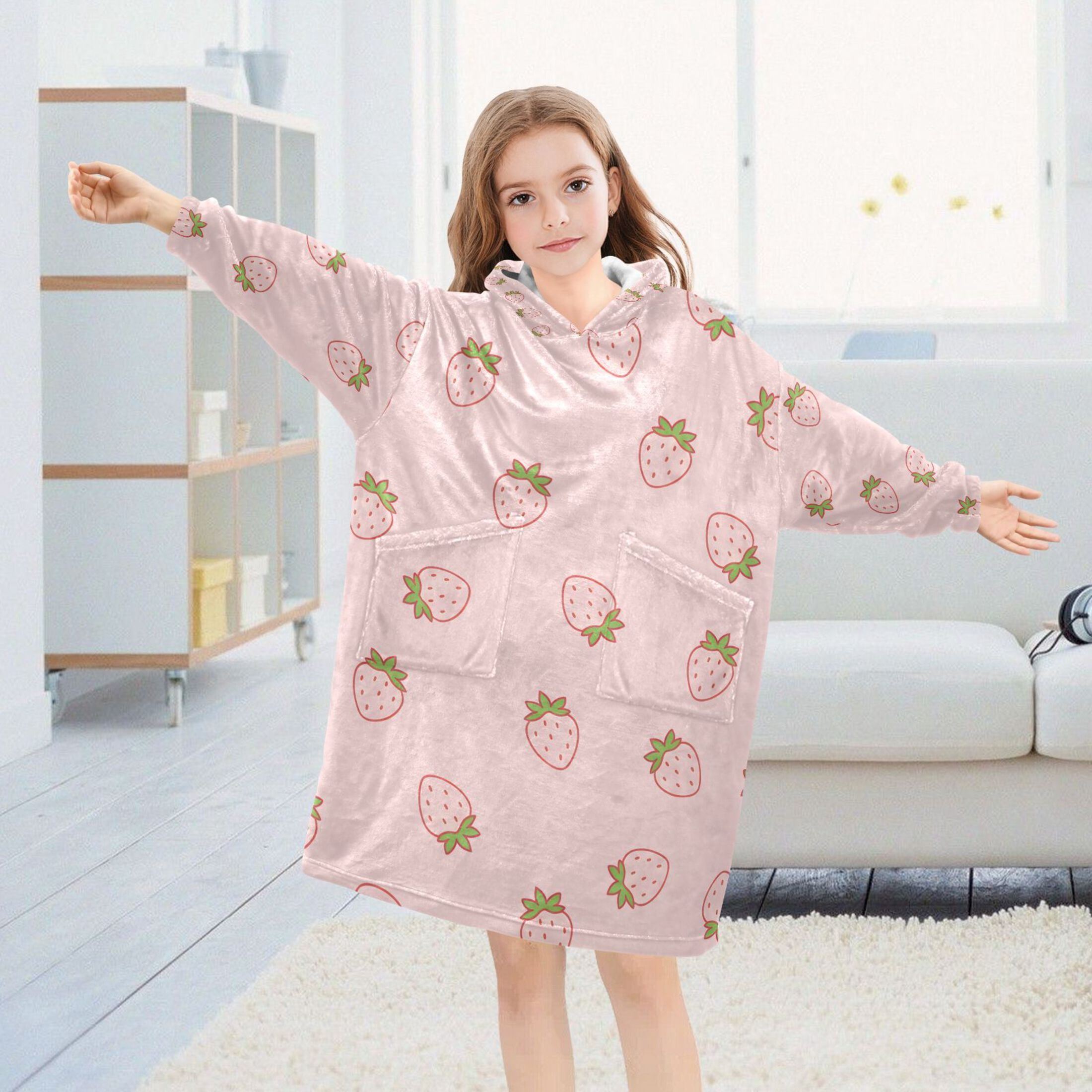 joogoo Wearable Blanket Hoodie Cute Strawberry Pink for Flannel Sherpa Pocket 3-14 YR L