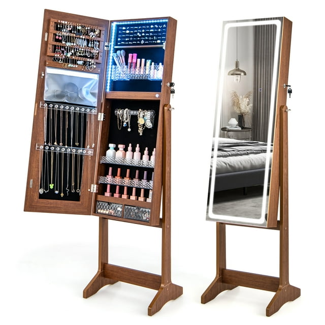 Costway Armoire à Bijoux avec Miroir à DEL, Organisateur sur Pied avec Lumière Intégrée à 3 Couleurs