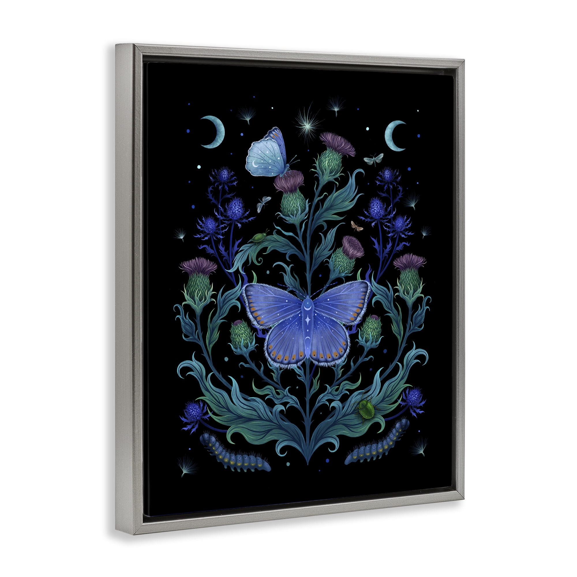 Stupell Industries Thistles & Insects at Night Gray Framed Floater Canvas Wall Art, design by Episodic Drawings