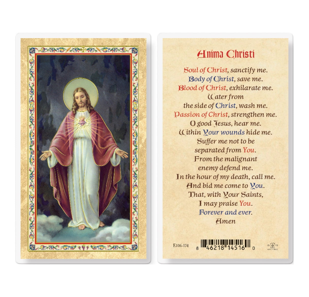 Anima Christi-Sacred Heart of Jesus Gold-Stamped Laminated Catholic ...